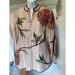 Vtg Anage Exotic Floral Embroidered Brown Silk Jacket Floral Lining Womens Small